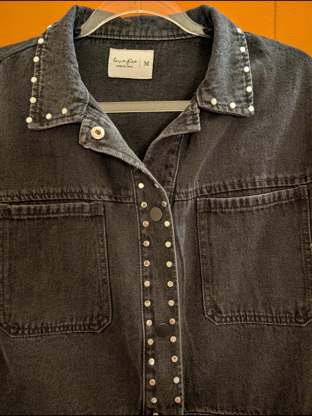 Love Fire Silver Studded Cropped Black Denim 90s Moto Biker Jacket Womens Medium - Picture 7 of 15